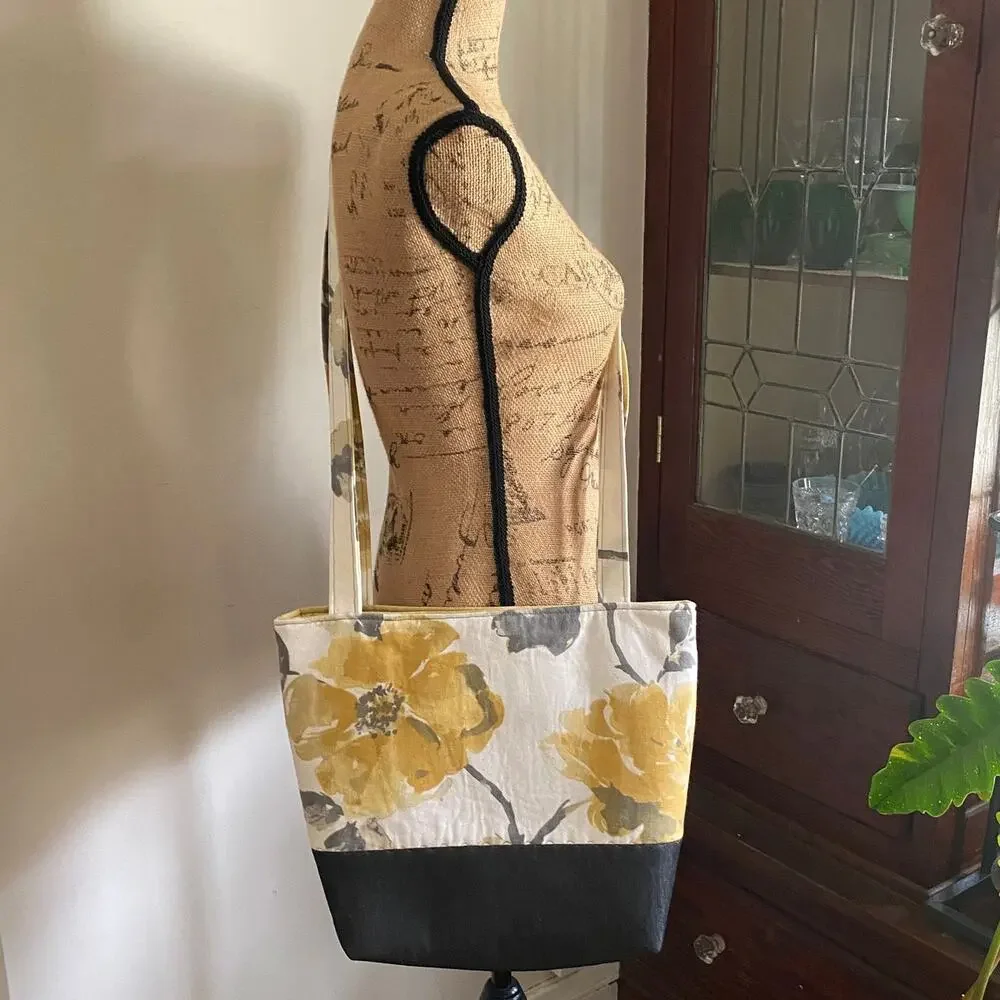 Handcrafted Fabric Purse Cream Artisan Carryall Tote Floral Denim Shoulder Bag
